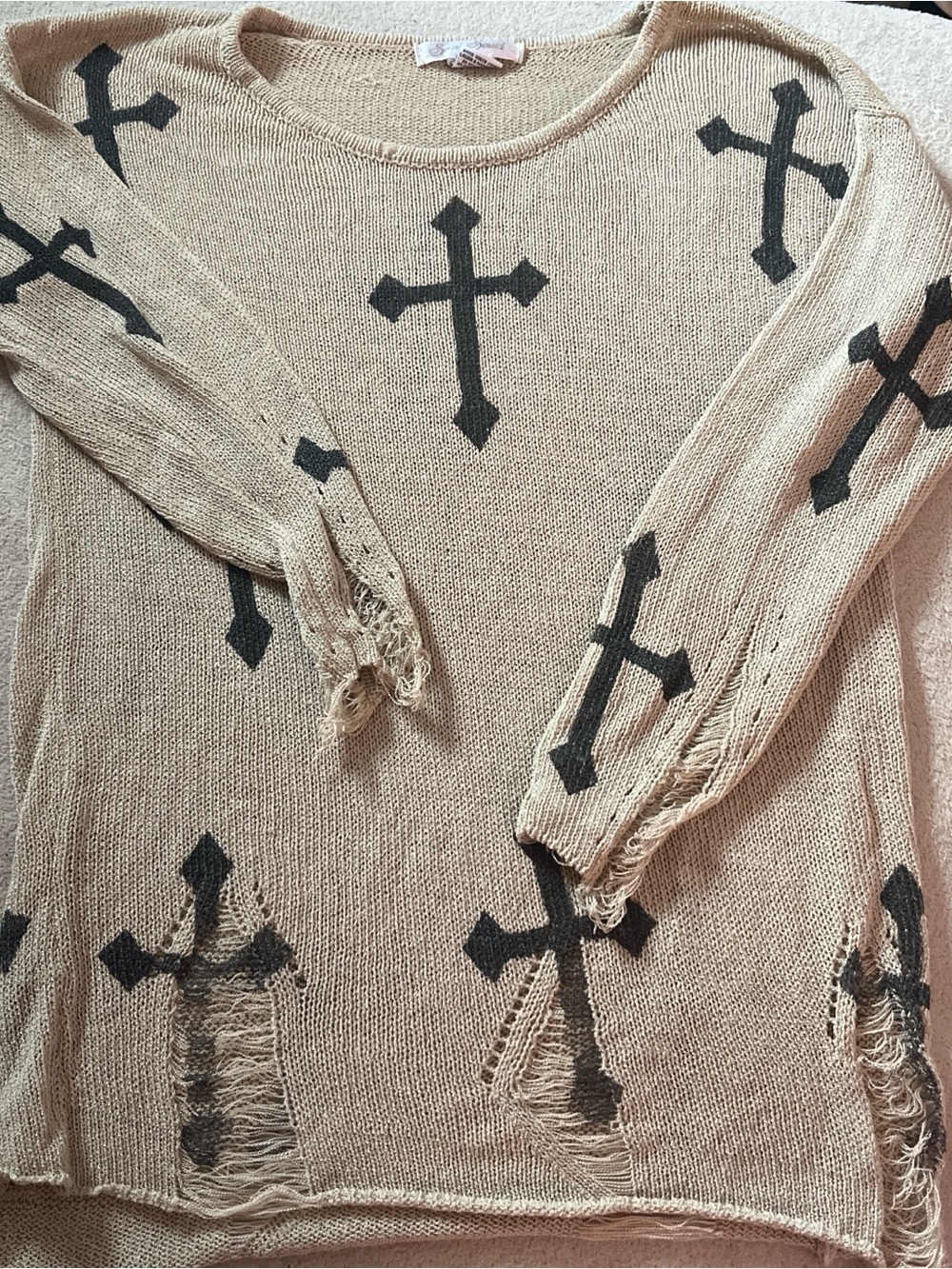 Sans Souci Beige Knit Sweater with Black Cross Print